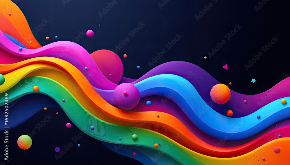 Poster vibrant abstract waves with colorful spheres and creative elements for dynamic backgrounds and desig