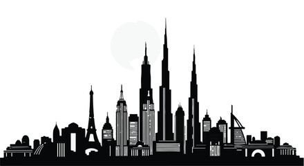 Obraz premium Iconic global city skylines silhouette against a bright sky, symbolizing modern architecture and urban development.