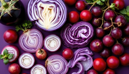 Freshly Sliced Red Cabbage, Onions, and Fresh Berries on Purple Background