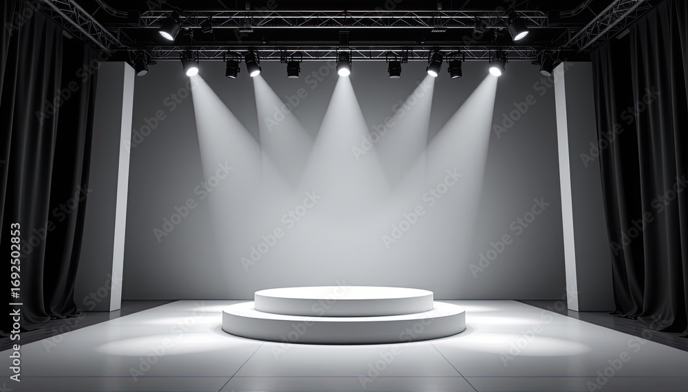 Poster elegant and minimalistic stage with spotlight beams in a modern setting for presentations and perfor
