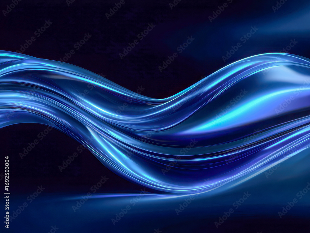 Poster dynamic blue light waves flowing across a dark background, creating a sense of movement and energy i