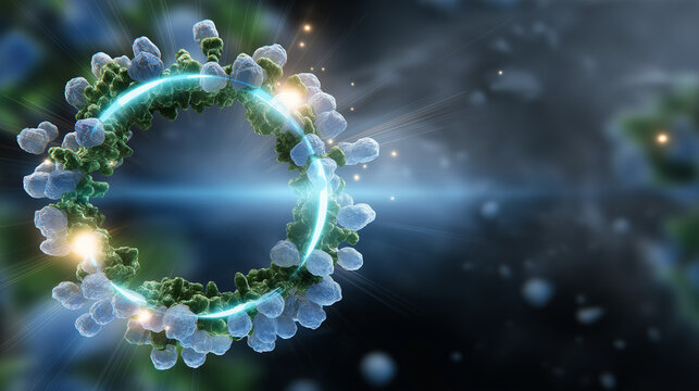 Abstract concept: glowing bacteria forming circular vortex, central clean space for overlay.