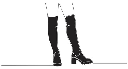 Stylish woman wearing black over-the-knee boots in monoline style, transparent background  
