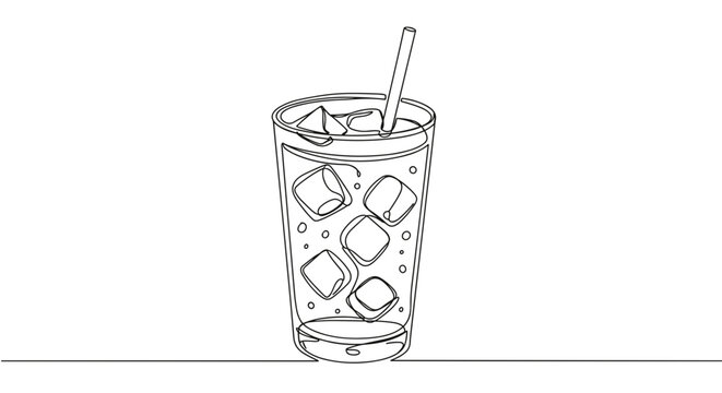 Line drawing of a drink with ice cubes in a transparent glass  