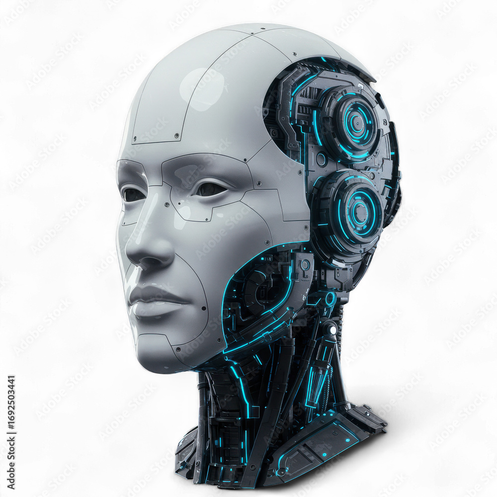 Poster intricate robotic head design showcasing advanced technology and futuristic concepts.