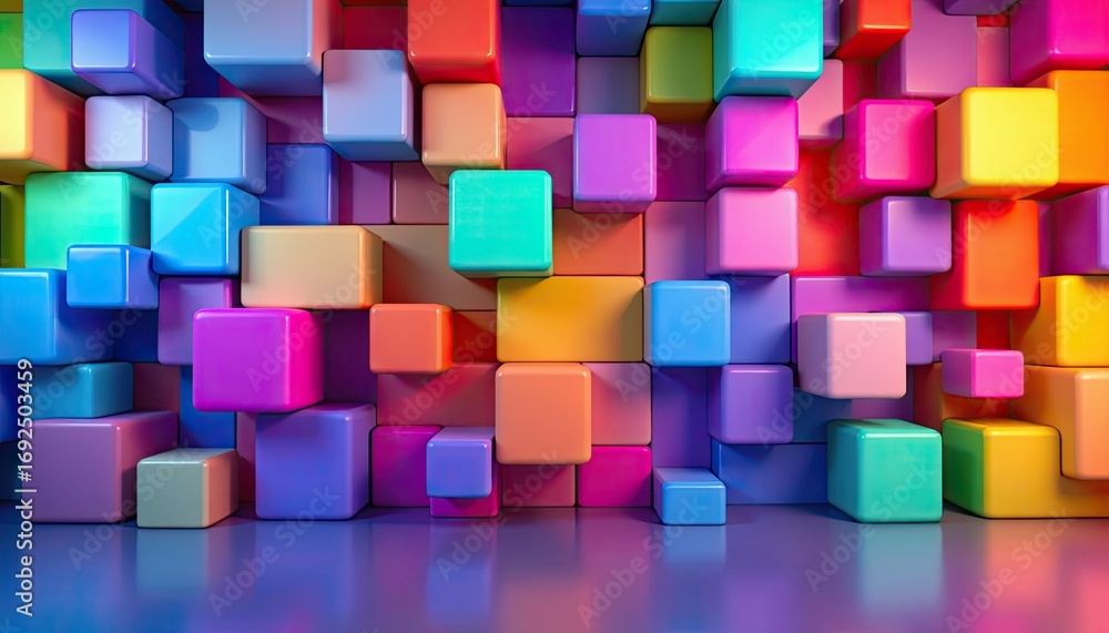 Poster colorful 3d cubes and blocks arrangement on glossy surface creating abstract vibrant wall background