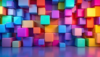 Obraz premium Colorful 3D Cubes and Blocks Arrangement on Glossy Surface Creating Abstract Vibrant Wall Background