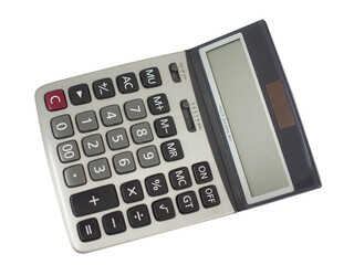 Desktop calculator with large buttons and tilt display isolated on white background