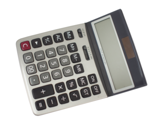 Desktop calculator with large buttons and tilt display isolated on white background