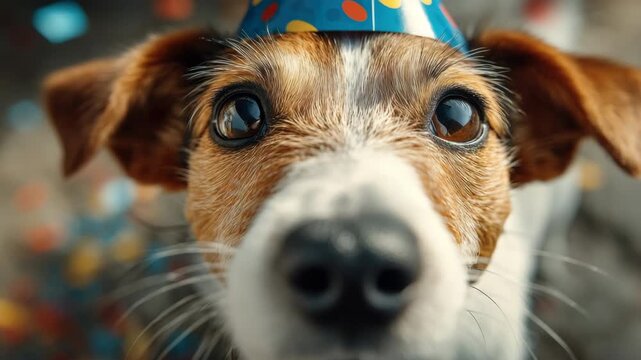 Cute dog wearing colorful party hat, celebrating joyful moments at a cheerful event with vibrant decorations in the background
