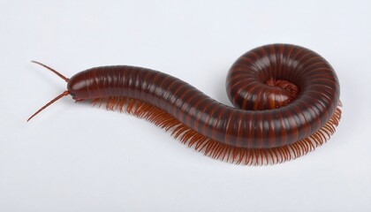 A millipede curled up on a white surface.  Detailed close-up