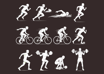 Silhouettes of athletes running, swimming, cycling, playing soccer, lifting weights, fitness training, sports activities, athletic performance, exercise, healthy lifestyle