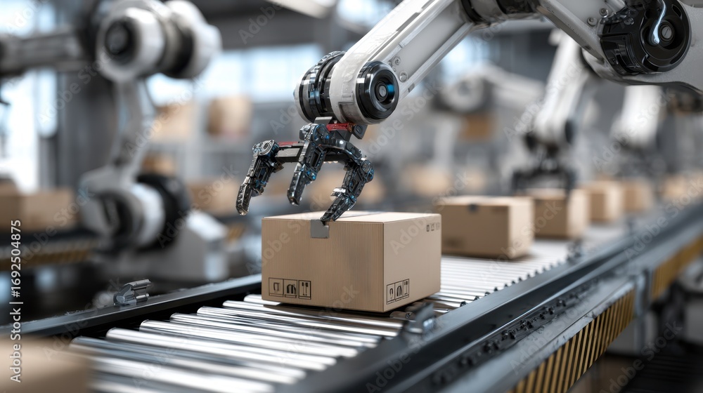 Poster medium shot of a robotic arm precisely placing packages on a moving conveyor belt with sharp focus o