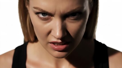 Close-up portrait of a determined young woman with a fierce expression, her forehead furrowed and teeth slightly gritted, conveying intensity and strength against a stark white background.
