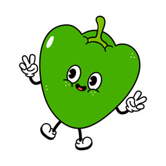 Cute green pepper character giving peace sign.