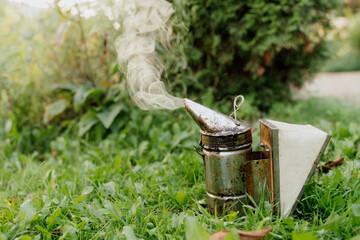 Bee smoker on ground with copy space