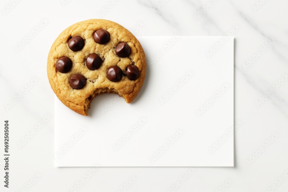 Poster chocolate chip cookie with bite placed on blank white card on marble table, top view with copyspace 