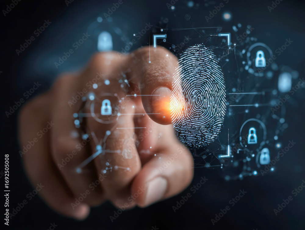 Aufkleber hand pressing on digital fingerprint scanner interface with futuristic security icons representing b
