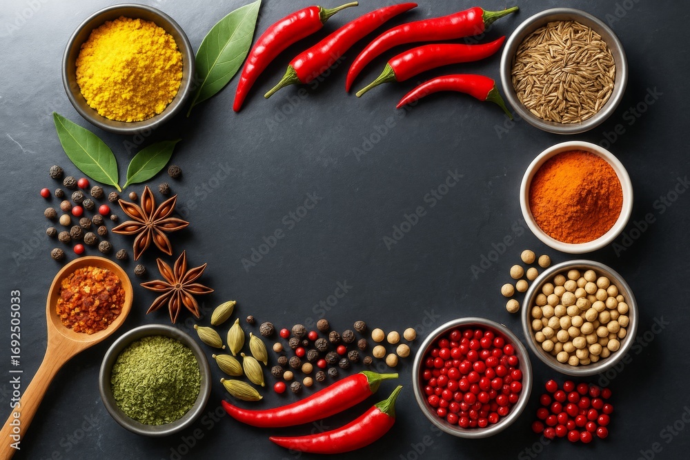 Poster assortment of colorful spices and chili peppers forming a circular frame on black background with co