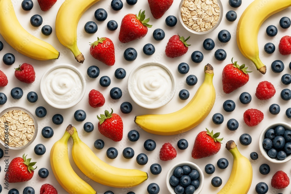 Poster Assorted fresh fruits, oats, and yogurt arranged in seamless pattern on white background for healthy breakfast concept. Ai generative. Ai generative