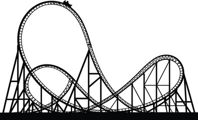 High thrilling roller coaster ride silhouette with loops, steep drops, steel frame structure, amusement park attraction, adrenaline rush, fun entertainment
