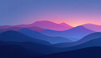 A serene, stylized landscape of layered mountains bathed in a vibrant sunset gradient of purples and blues