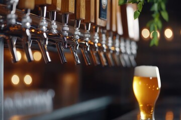 Row of beer taps with glass of craft beer in cozy bar setting with ambient lighting