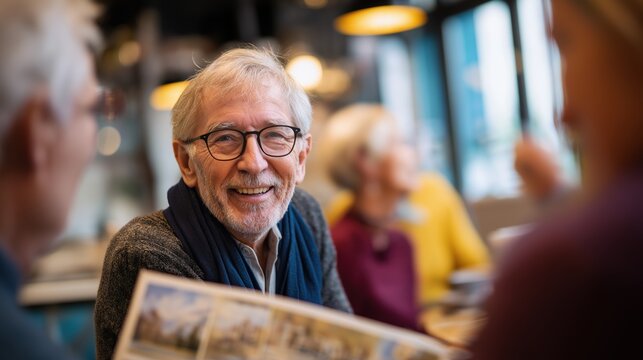 Smiling Elderly Man Enjoying Coffee in Cozy Cafe Setting