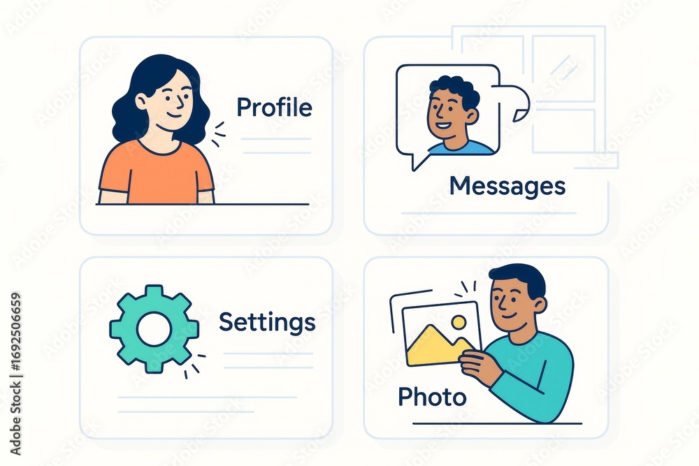 Aufkleber User interface icons for profile, messages, settings, and photo with cartoon characters on light abstract background. Ai generative. Ai generative