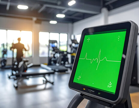 Close-up of a fitness tracker displaying a green screen with a heart rate graph in a modern gym with exercise equipment.