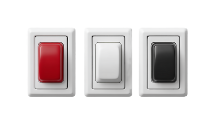 Close up of three electrical switches in red white and black color isolated on transparent background