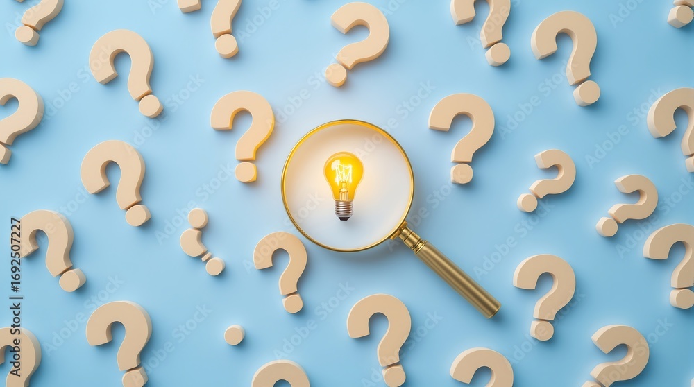 Poster finding solutions light bulb idea with magnifying glass and question marks on blue background concep