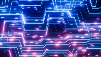 Complex network of glowing neon color lines forming a technological pattern on a dark background
