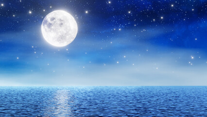 Moon reflecting in the calm ocean at night with many stars in the blue sky