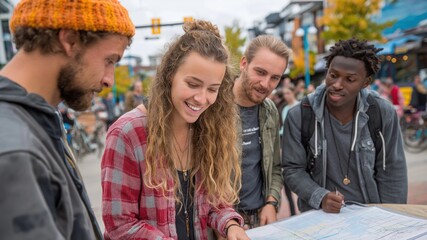Group of Friends Exploring Urban Area While Looking at Map