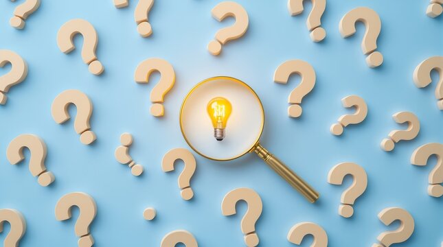 Finding solutions light bulb idea with magnifying glass and question marks on blue background concept