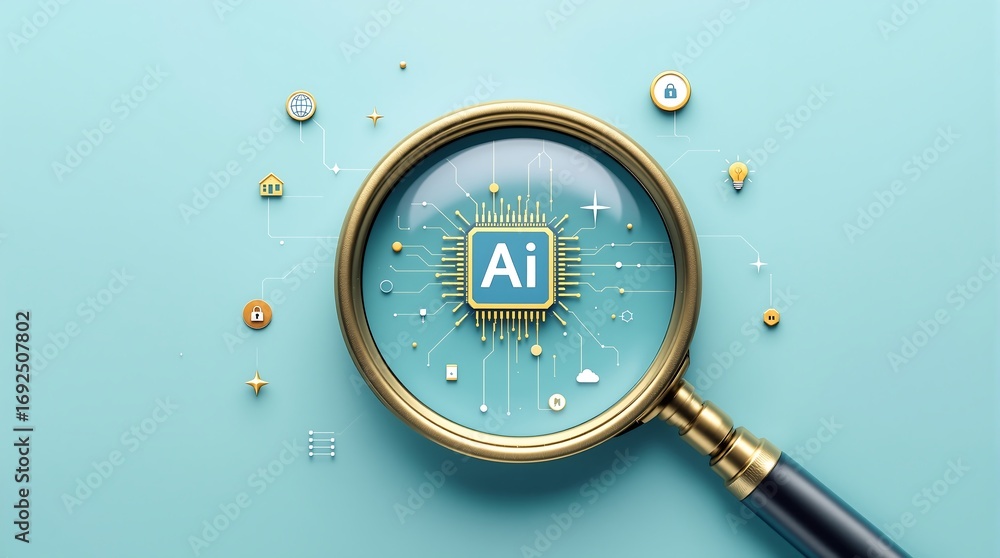 Poster ai technology search concept with magnifying glass examining artificial intelligence chip and icons 