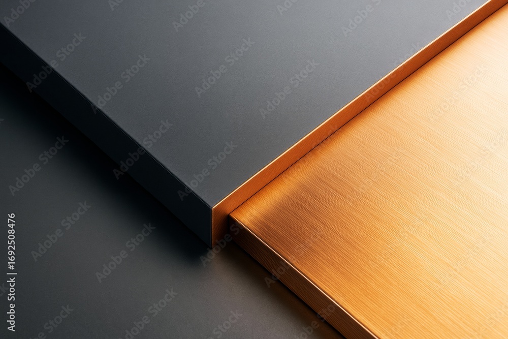 Poster abstract composition of black and copper metallic surfaces with minimal light reflections on a smoot