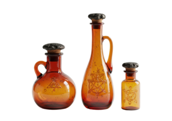 Three ancient, hand-blown amber glass vessels with corks and etched alchemical symbols, against a transparent background with copy space, warm soft studio light, concept of ancient alchemy and