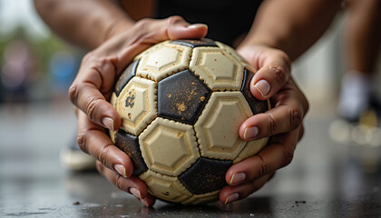 Hands gripping a worn soccer ball on a wet surface outdoors  