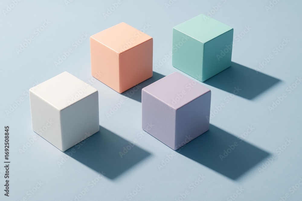 Poster minimalist composition of pastel-colored cubes casting shadows on light blue background in soft ligh