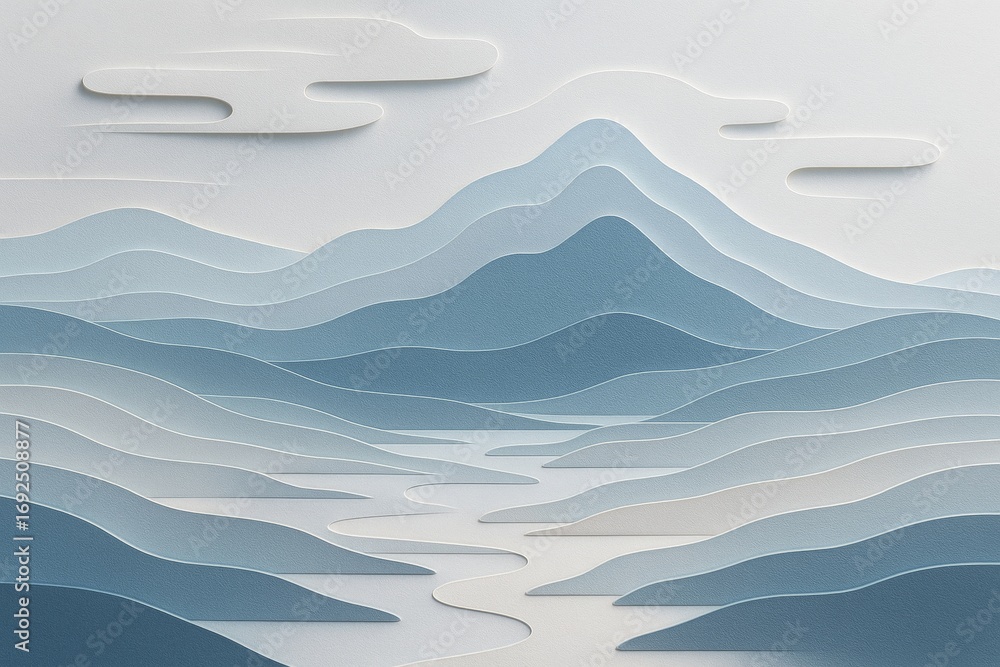 Poster abstract layered mountain landscape in soft blue tones with flowing river and clouds on a light mini