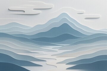 Abstract layered mountain landscape in soft blue tones with flowing river and clouds on a light minimal background, modern paper cut design style. Ai generative