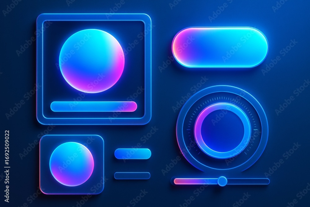 Aufkleber neon-style futuristic ui elements glowing with blue and pink light, abstract user interface graphics