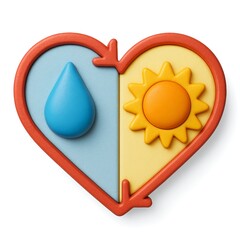 3D Heart with Water Drop and Sun, Isolated on White