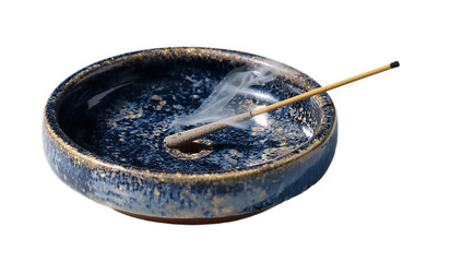 Incense stick burning in a ceramic bowl with smoke rising gently up isolated on transparent background
