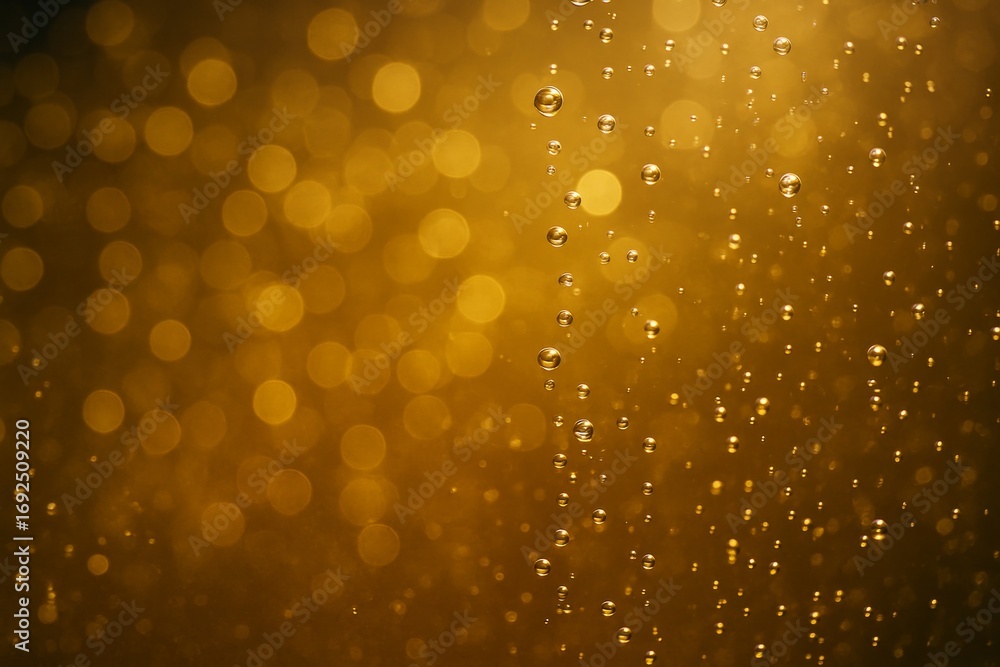 Poster golden bokeh background with floating water droplets and shimmering light effects on a soft defocuse