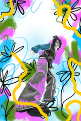Creative collage. Fashion model in oversized jeans and colorful artistic background with bold...