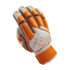 orange goalkeeper glove with intricate design on transparent background