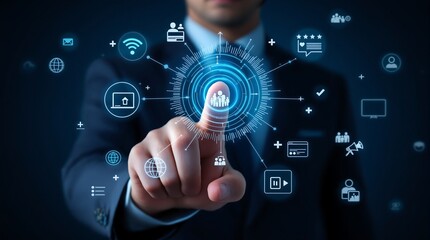 Fototapeta premium Businessman touching screen with digital business technology and social media network concept